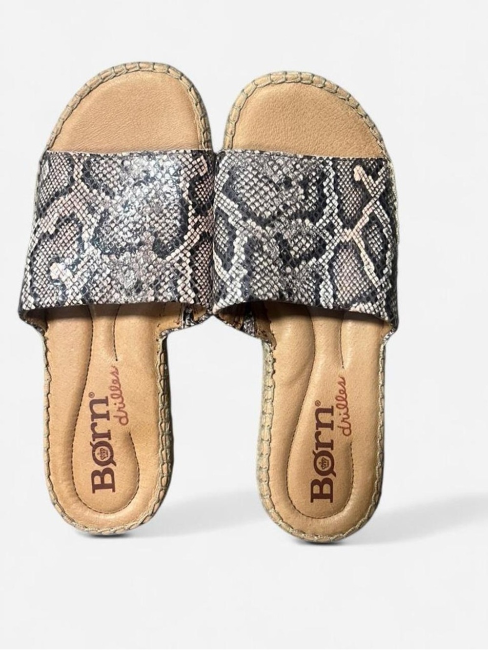 Born Snake-Print Slide Sandals in Black and Beige